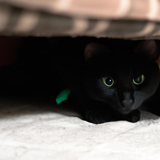 Mèo đen ẩn nấp dưới giường, liếc nhìn ra ngoài thận trọng.
