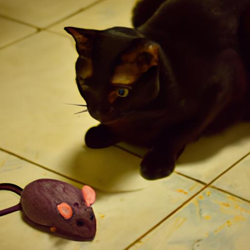 Mèo đen nhìn chằm chằm vào con chuột đồ chơi trên sàn nhà.